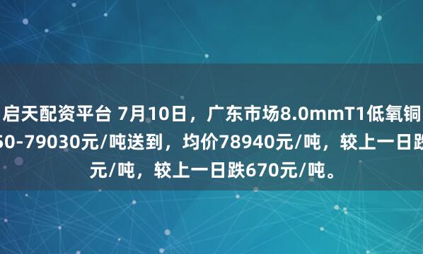 启天配资平台 7月10日，广东市场8.0mmT1低氧铜杆报价78850-79030元/吨送到，均价78940元/吨，较上一日跌670元/吨。
